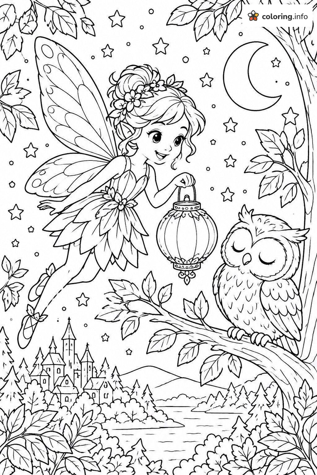 Fairy with Lantern Visiting Sleepy Owl at Night coloring sheet Fairy with Lantern Visiting Sleepy Owl at Night coloring sheet