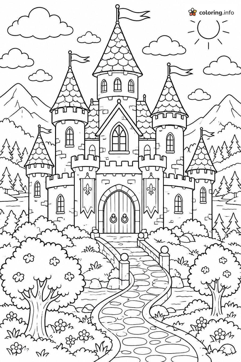 Storybook Castle Adult Coloring Page with Cobblestone Path coloring page Storybook Castle Adult Coloring Page with Cobblestone Path coloring page