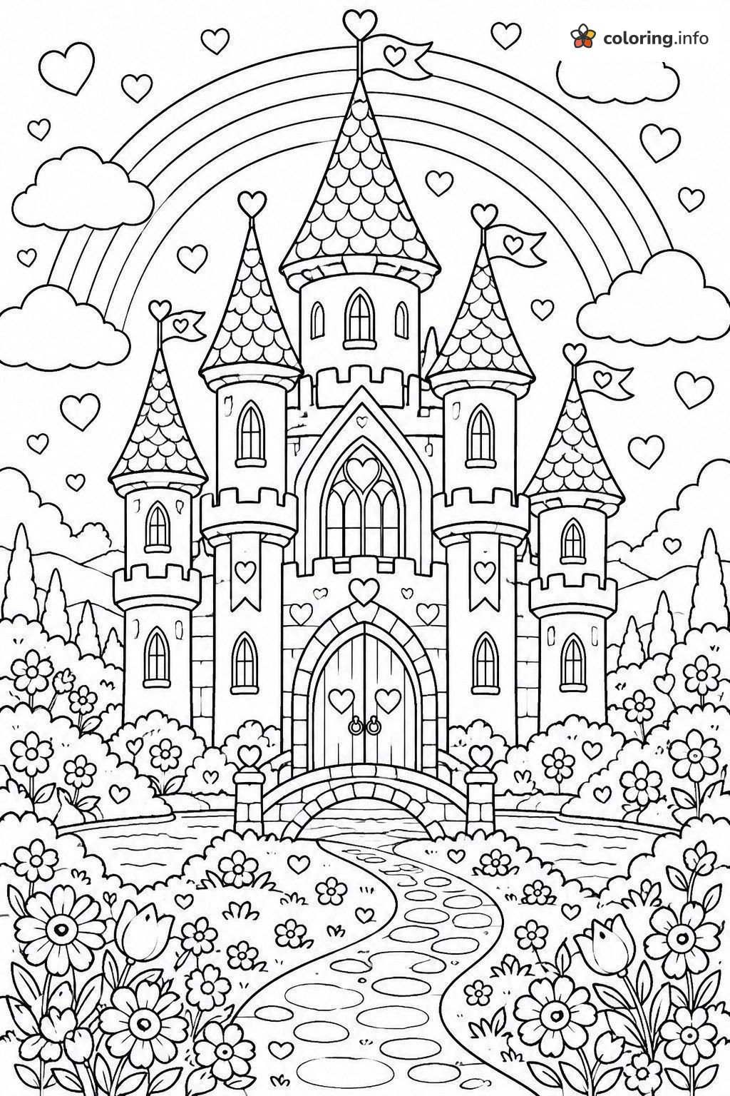 Love Castle With Rainbow and Flower Path coloring page Love Castle With Rainbow and Flower Path coloring page