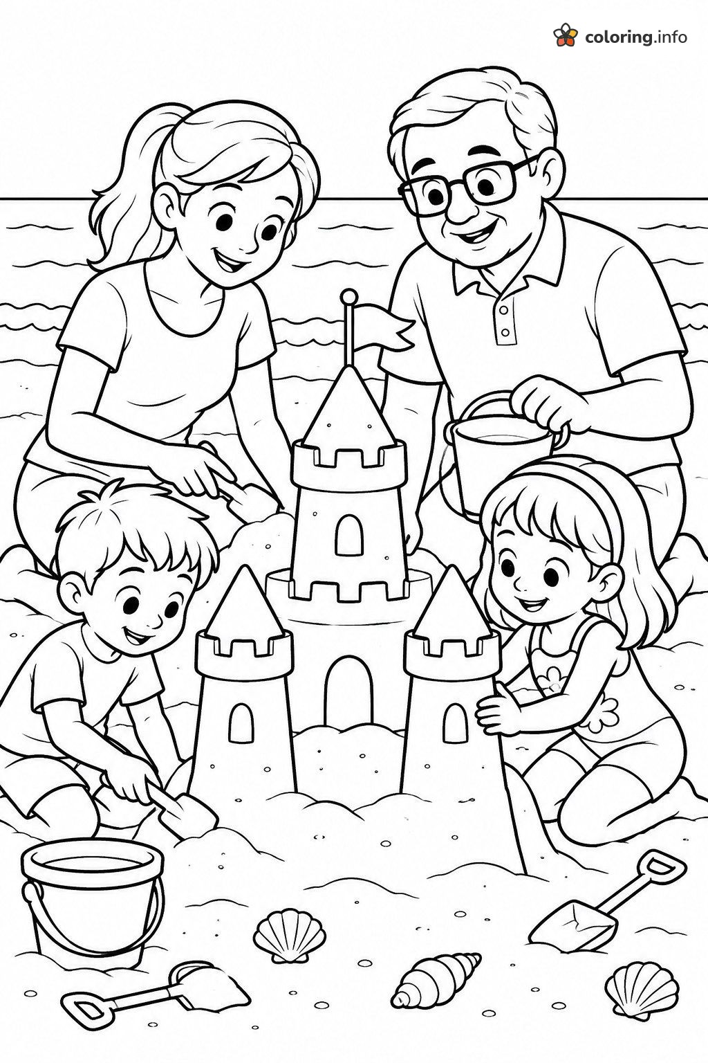 Building a Sandcastle as a Family at the Beach coloring page Building a Sandcastle as a Family at the Beach coloring page