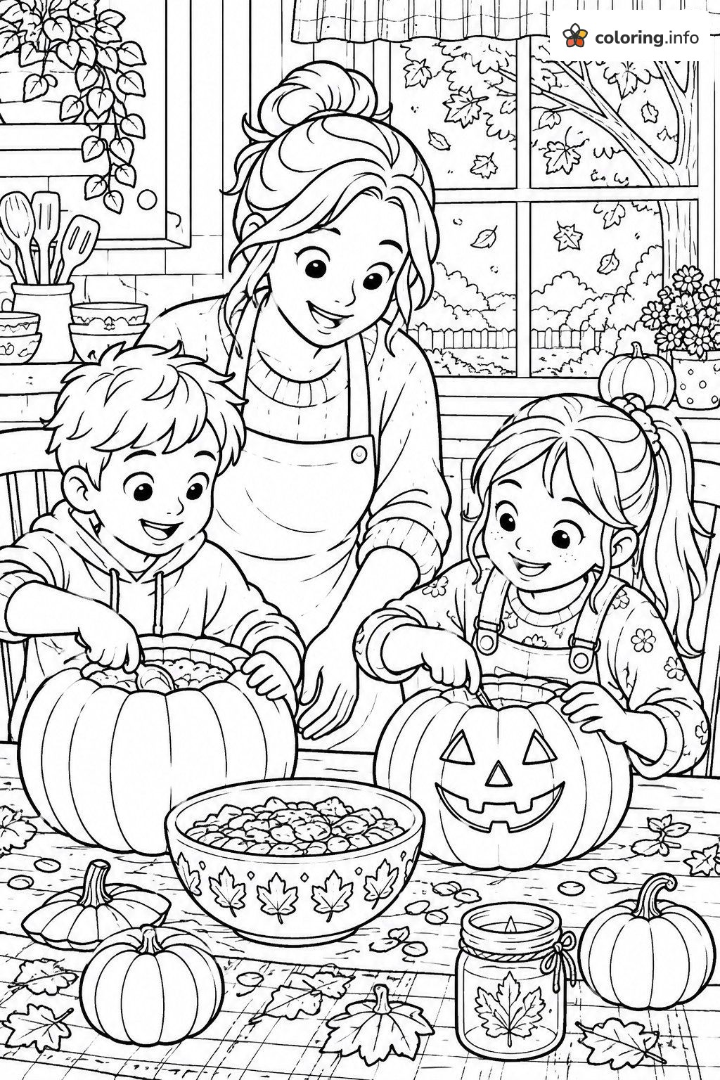 Family Carving Pumpkins at the Table for Fall printable coloring page Family Carving Pumpkins at the Table for Fall printable coloring page