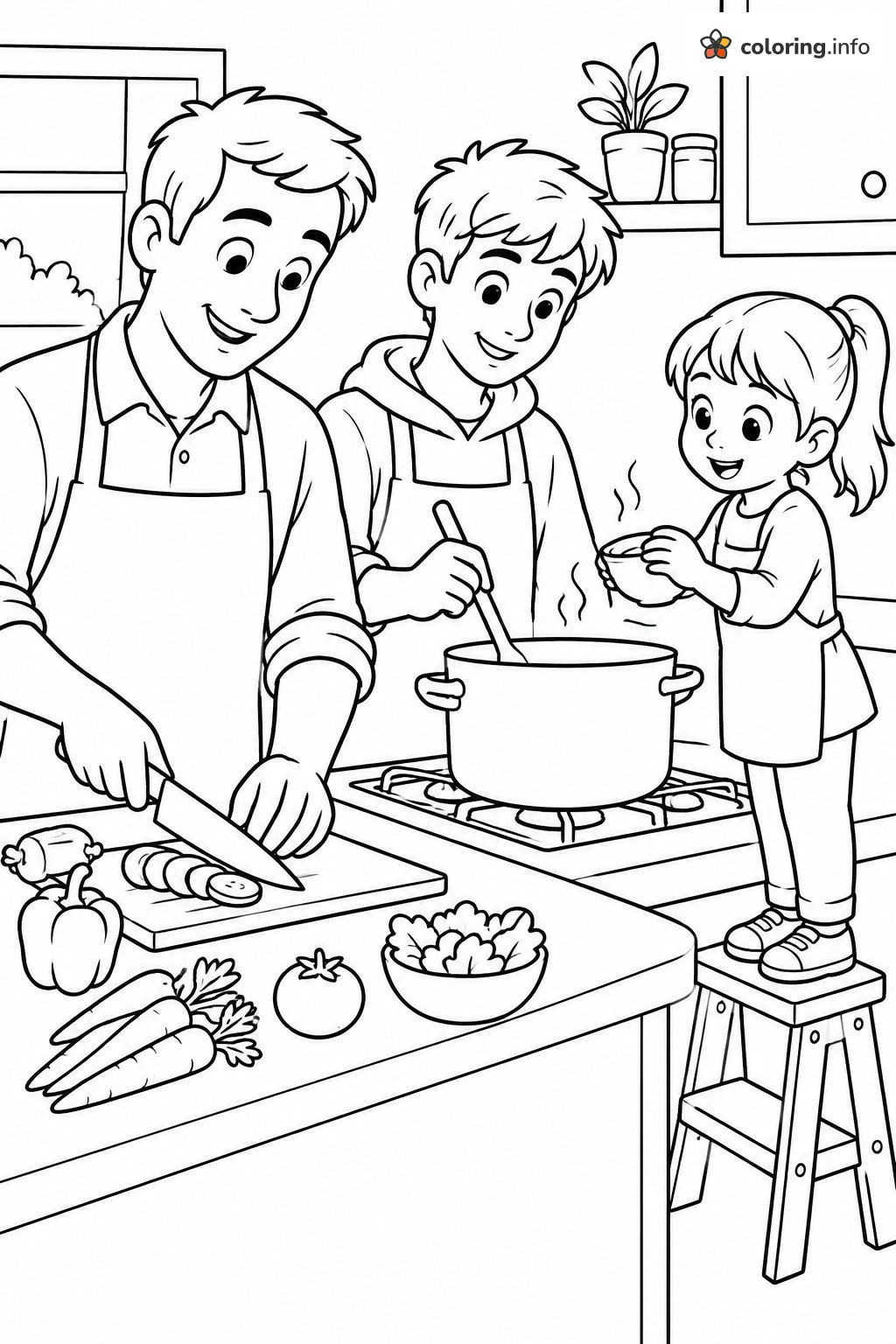 Cooking Soup Together, a Family Kitchen Scene coloring page Cooking Soup Together, a Family Kitchen Scene coloring page
