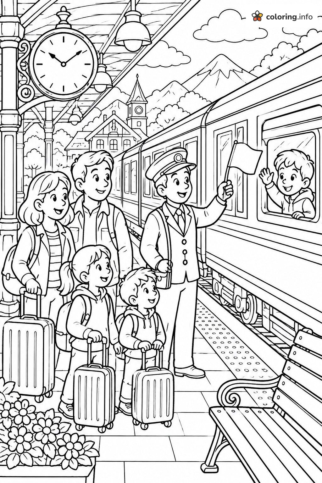Busy Station Platform With a Conductor and a Family Boarding Their Train coloring page Busy Station Platform With a Conductor and a Family Boarding Their Train coloring page