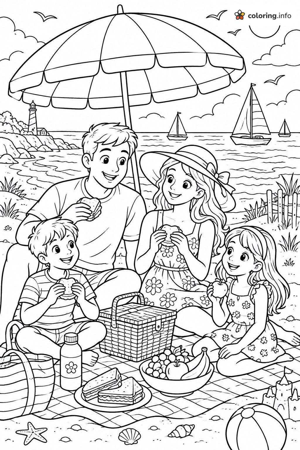 Family Picnic Under the Beach Umbrella printable coloring page Family Picnic Under the Beach Umbrella printable coloring page