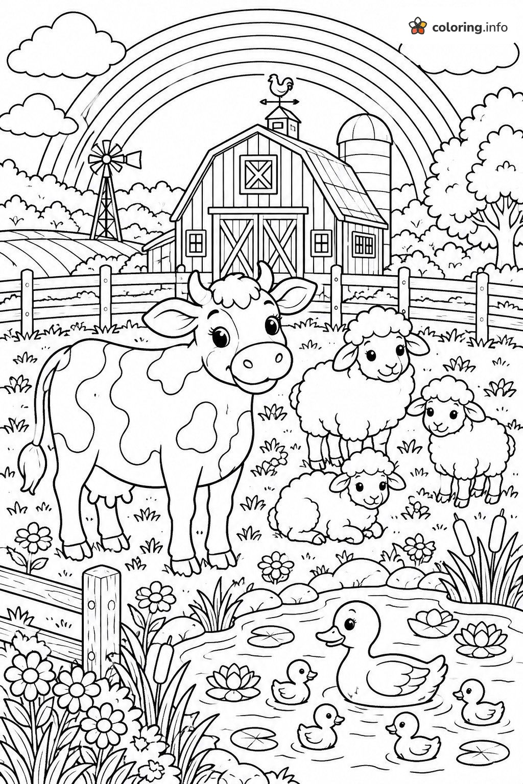 Barnyard Friends by the Pond and Rainbow coloring page Barnyard Friends by the Pond and Rainbow coloring page