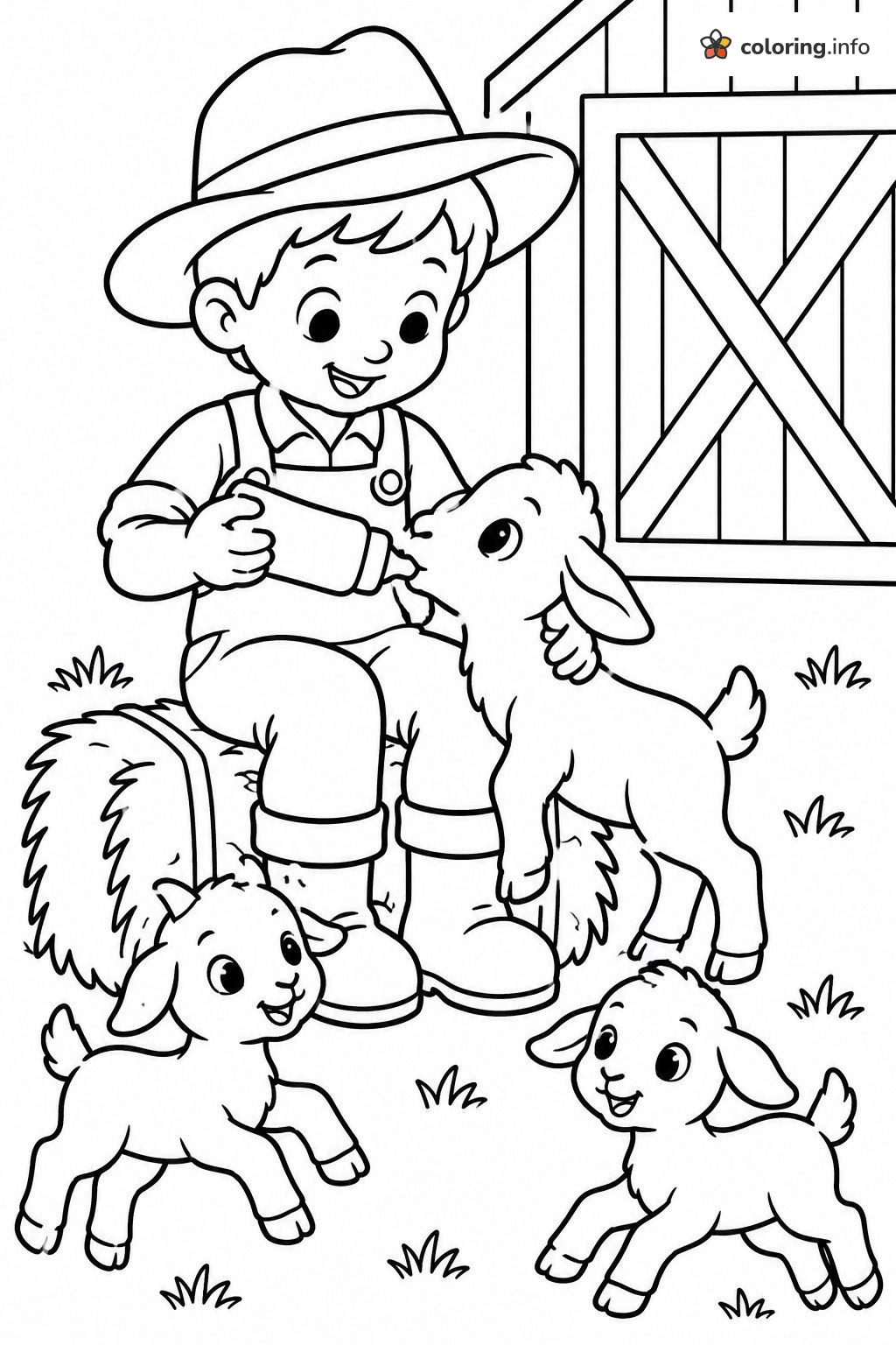 Bottle-Feeding Baby Goats With a Young Farmer coloring page Bottle-Feeding Baby Goats With a Young Farmer coloring page