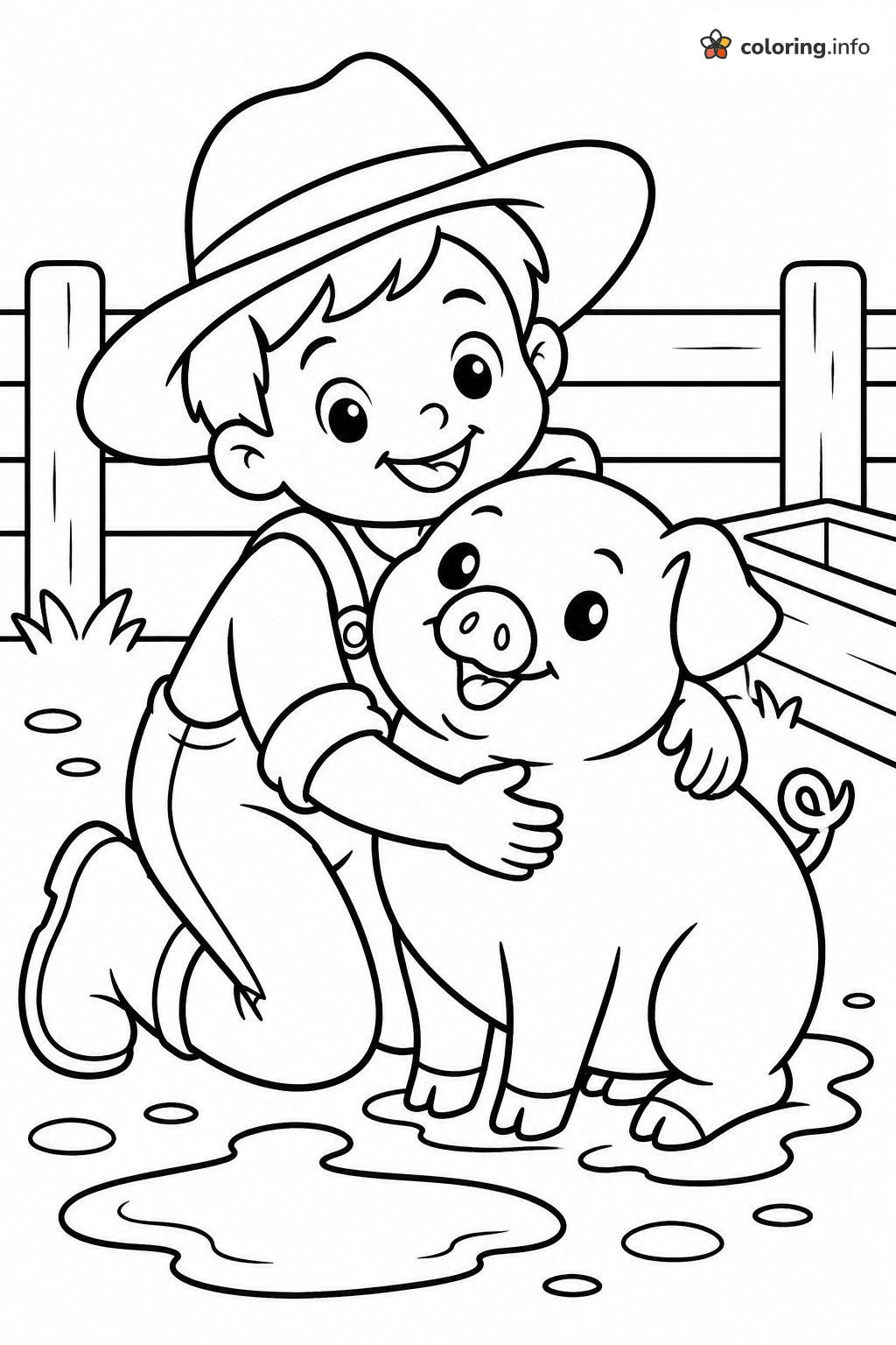 Muddy Puddle Hug Between a Young Farmer and a Happy Pig coloring page Muddy Puddle Hug Between a Young Farmer and a Happy Pig coloring page