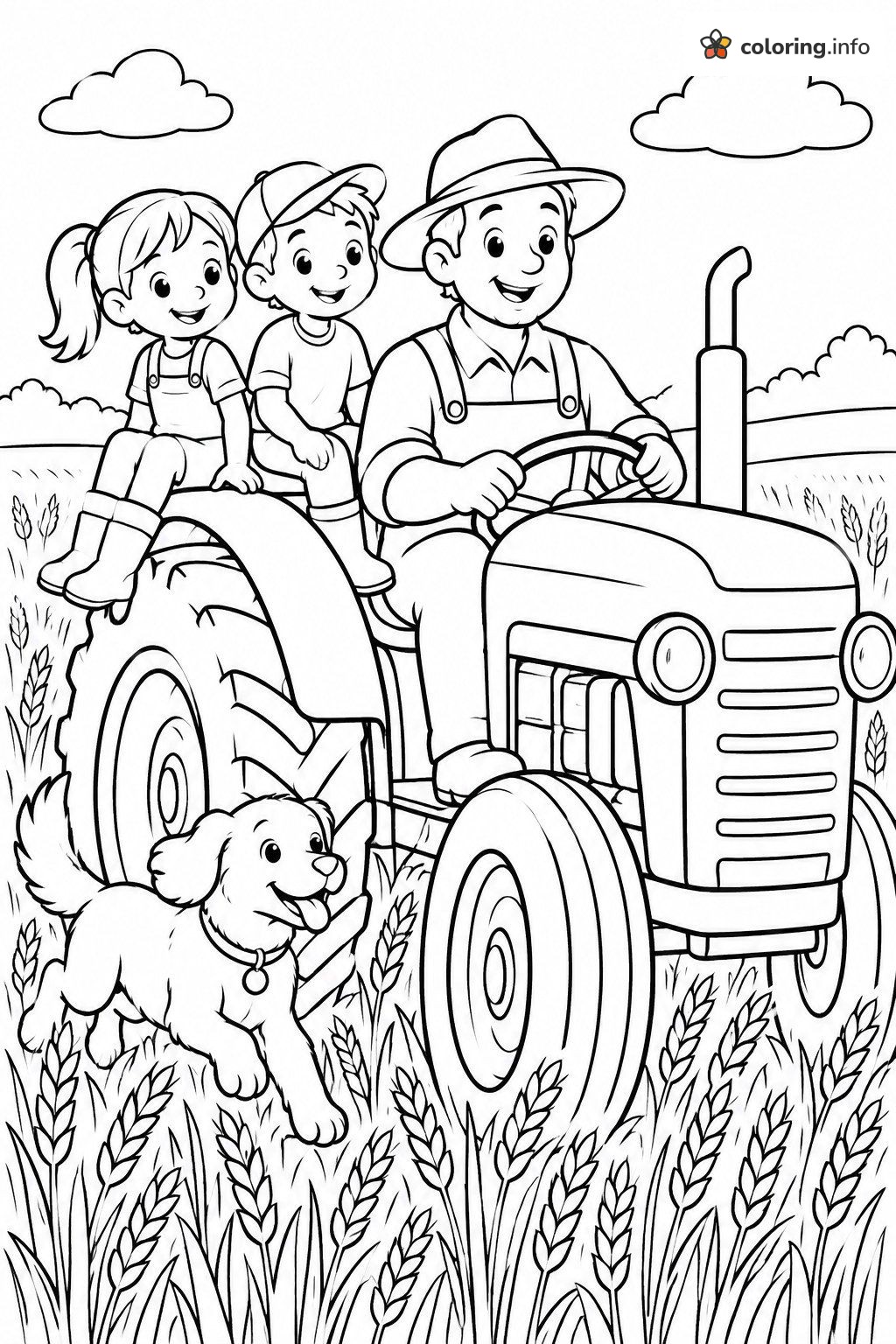 Farmer, Kids and Puppy on a Tractor Ride coloring page Farmer, Kids and Puppy on a Tractor Ride coloring page