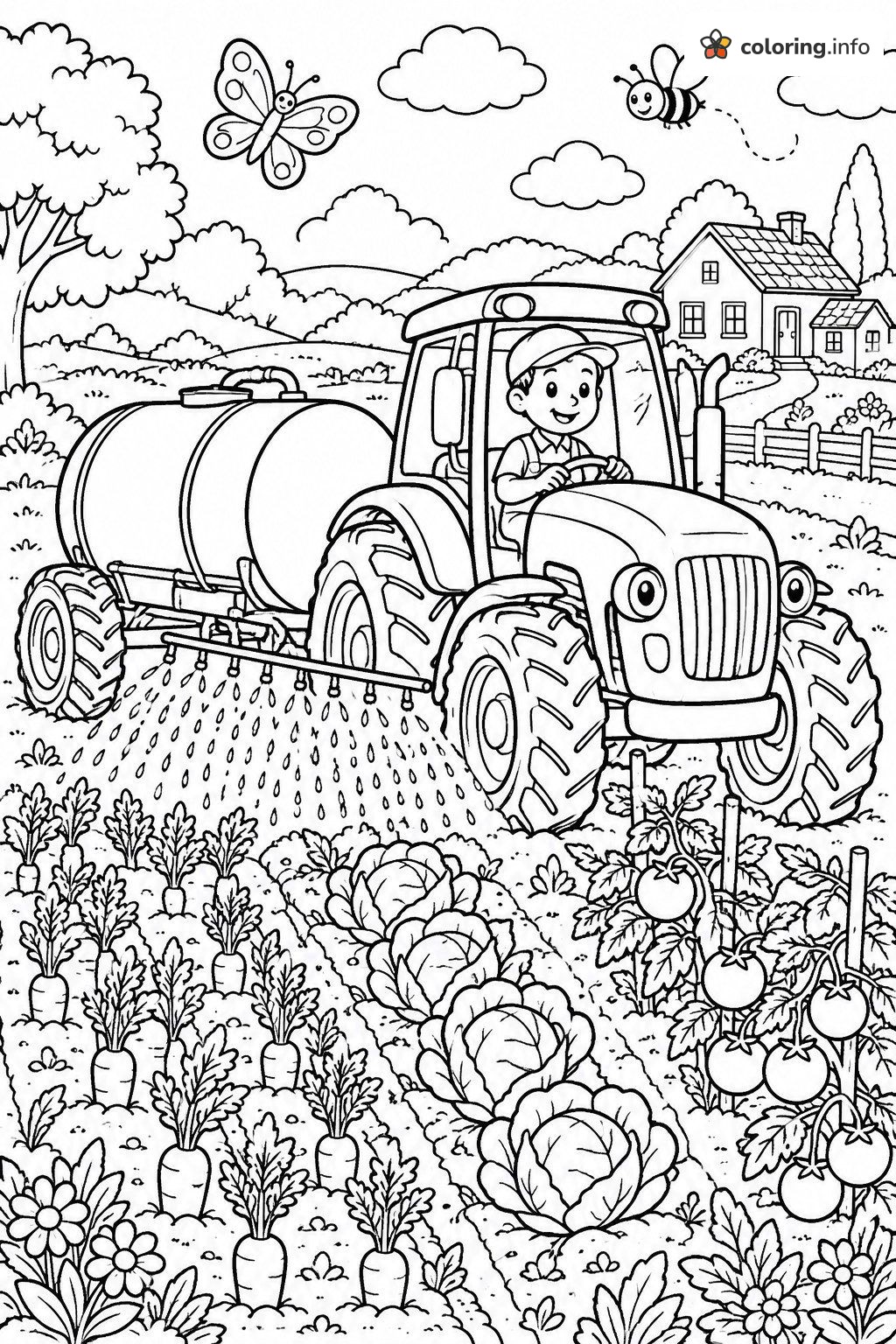 Vegetable Field Sprayer Tractor With Farmer coloring page Vegetable Field Sprayer Tractor With Farmer coloring page
