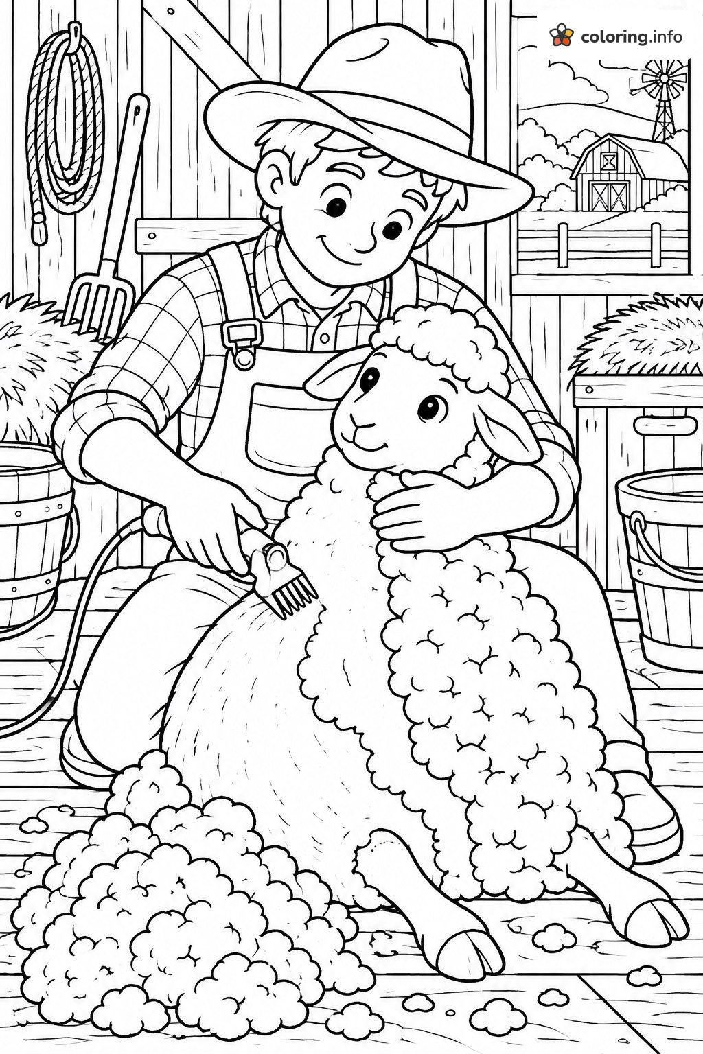 Farmer Shearing a Calm Sheep in the Barn coloring page Farmer Shearing a Calm Sheep in the Barn coloring page