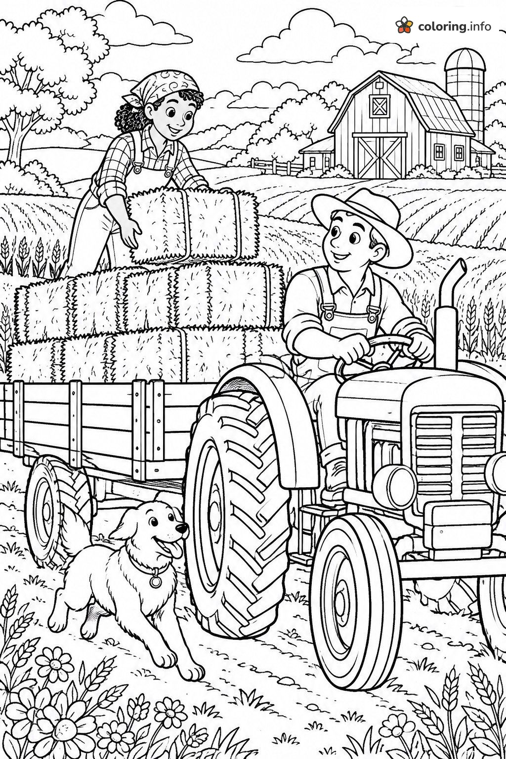 Hay Hauling Farmers on a Vintage Tractor With Their Dog coloring page Hay Hauling Farmers on a Vintage Tractor With Their Dog coloring page