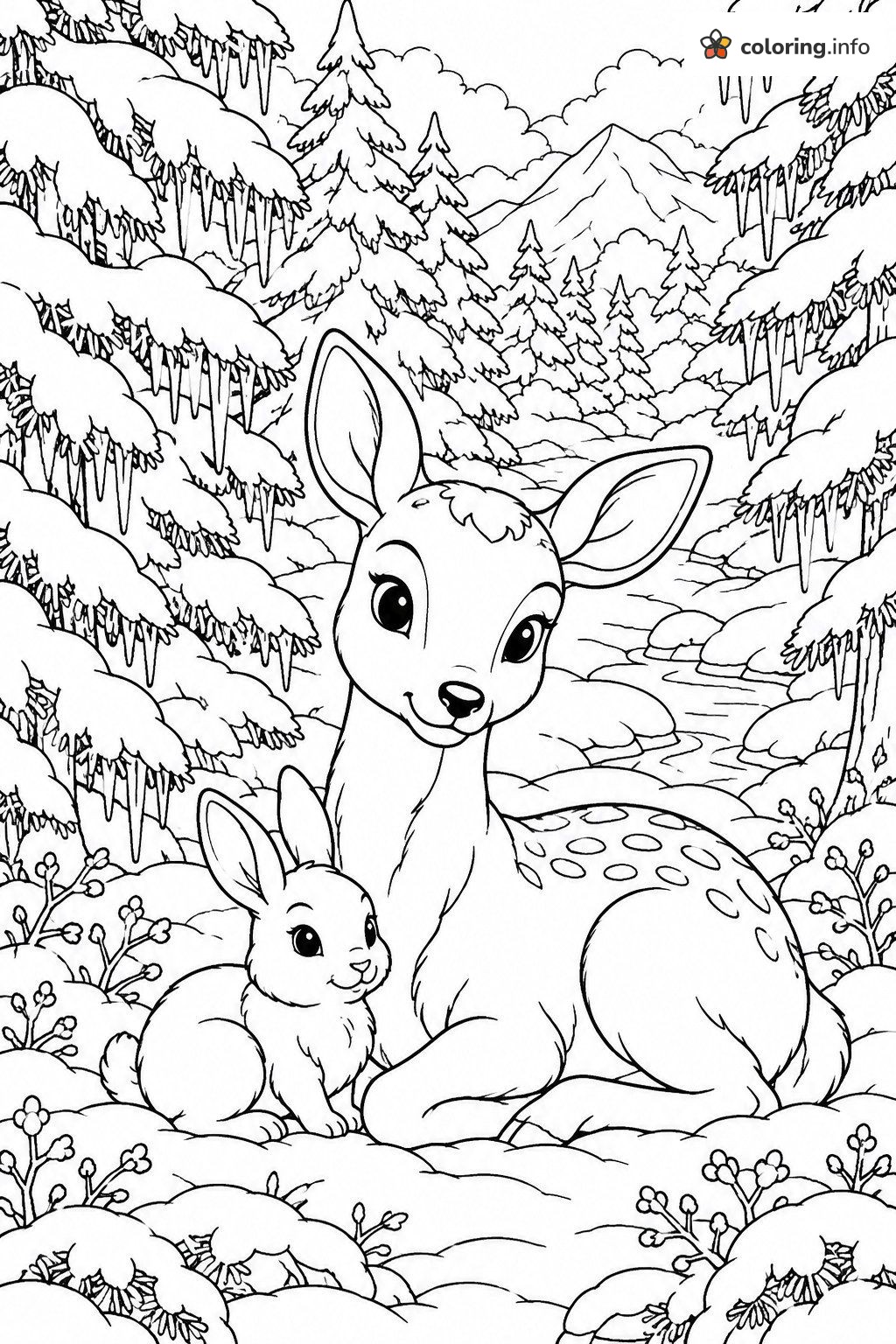 Fawn and Bunny Cuddled in a Frozen Snowy Forest coloring sheet Fawn and Bunny Cuddled in a Frozen Snowy Forest coloring sheet