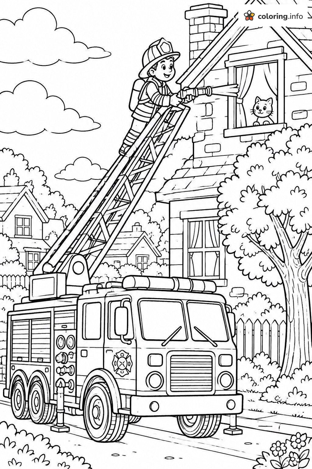Firefighter Climbing Fire Truck Ladder to Save a Cat coloring page Firefighter Climbing Fire Truck Ladder to Save a Cat coloring page