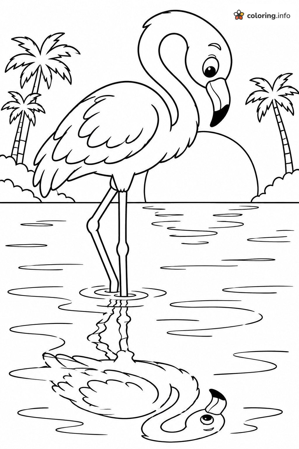 Sunset Flamingo Wading With Its Reflection coloring sheet Sunset Flamingo Wading With Its Reflection coloring sheet