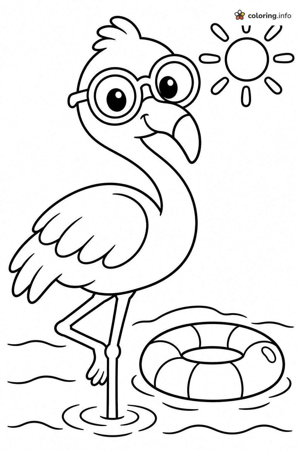Round-Glasses Flamingo Next to a Swim Ring coloring sheet Round-Glasses Flamingo Next to a Swim Ring coloring sheet