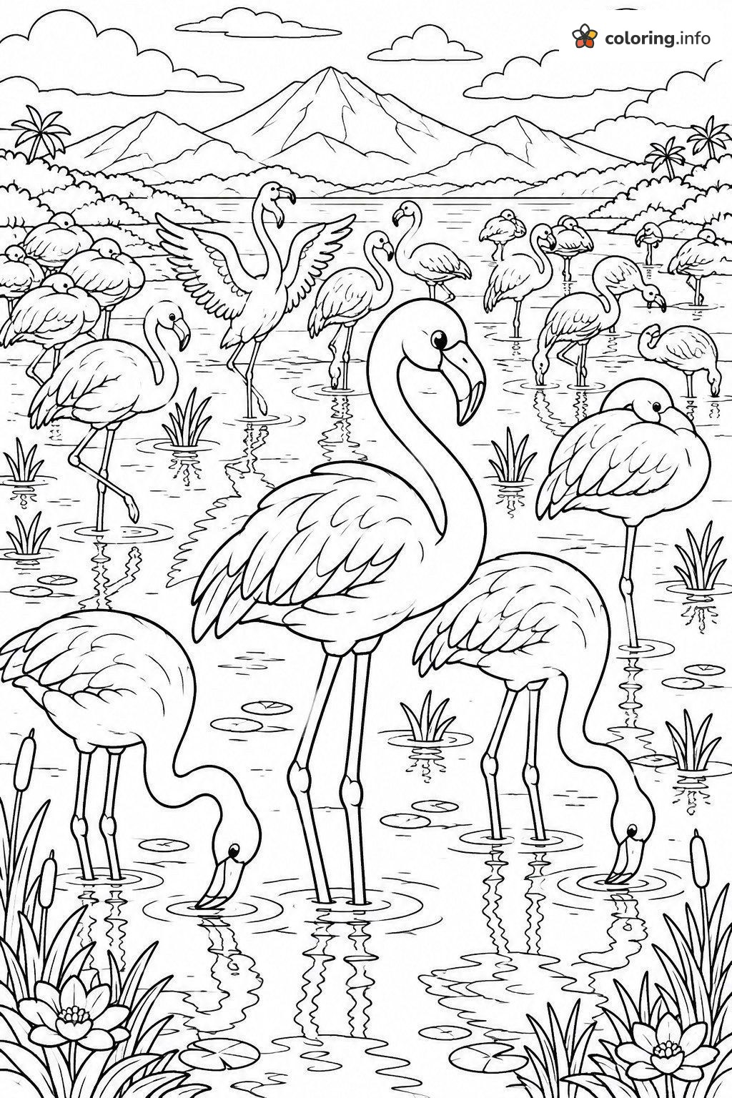 Big Flock of Flamingos by a Mountain Lake coloring sheet Big Flock of Flamingos by a Mountain Lake coloring sheet