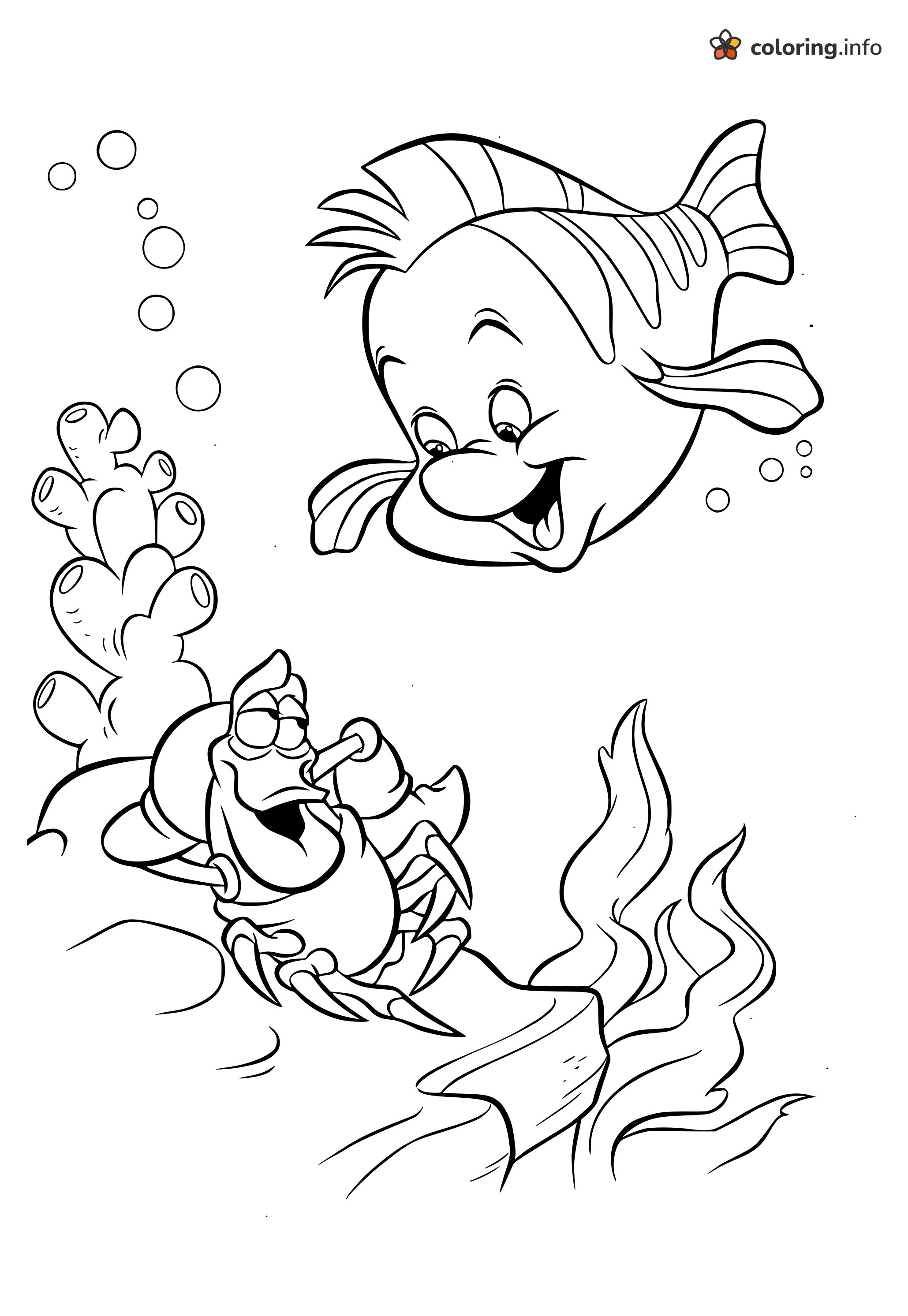 Flounder and Sebastian by the Coral, The Little Mermaid coloring page Flounder and Sebastian by the Coral, The Little Mermaid coloring page