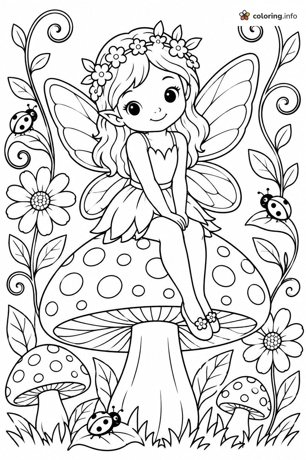 Fairy with a Flower Crown on a Spotted Mushroom, Hard / Detailed Page printable coloring page Fairy with a Flower Crown on a Spotted Mushroom, Hard / Detailed Page printable coloring page