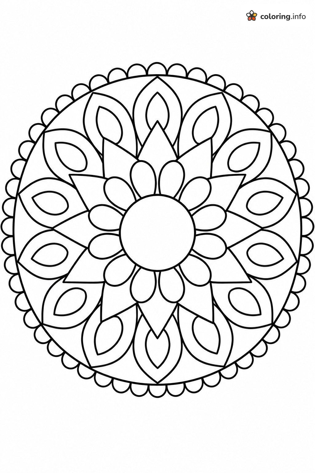 Geometric Flower Mandala with Scalloped Edge coloring page Geometric Flower Mandala with Scalloped Edge coloring page