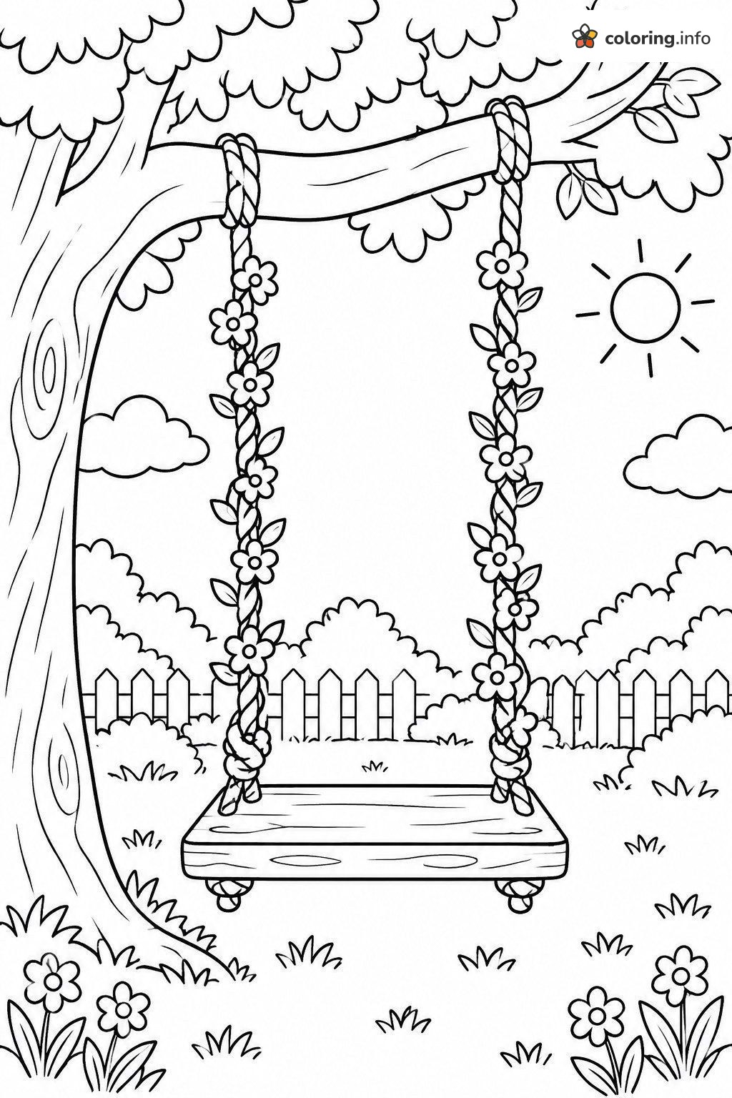 Swing with Flower Ropes, Aesthetic Garden Scene coloring page Swing with Flower Ropes, Aesthetic Garden Scene coloring page