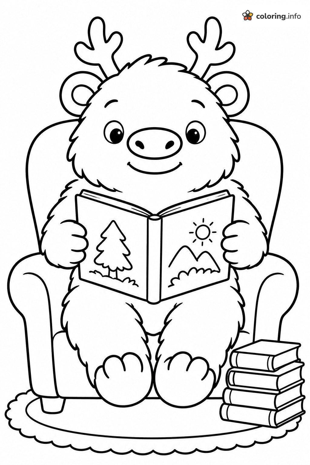 Fluffy Antlered Reader in an Armchair, Beauty and the Beast Coloring Page Fluffy Antlered Reader in an Armchair, Beauty and the Beast Coloring Page