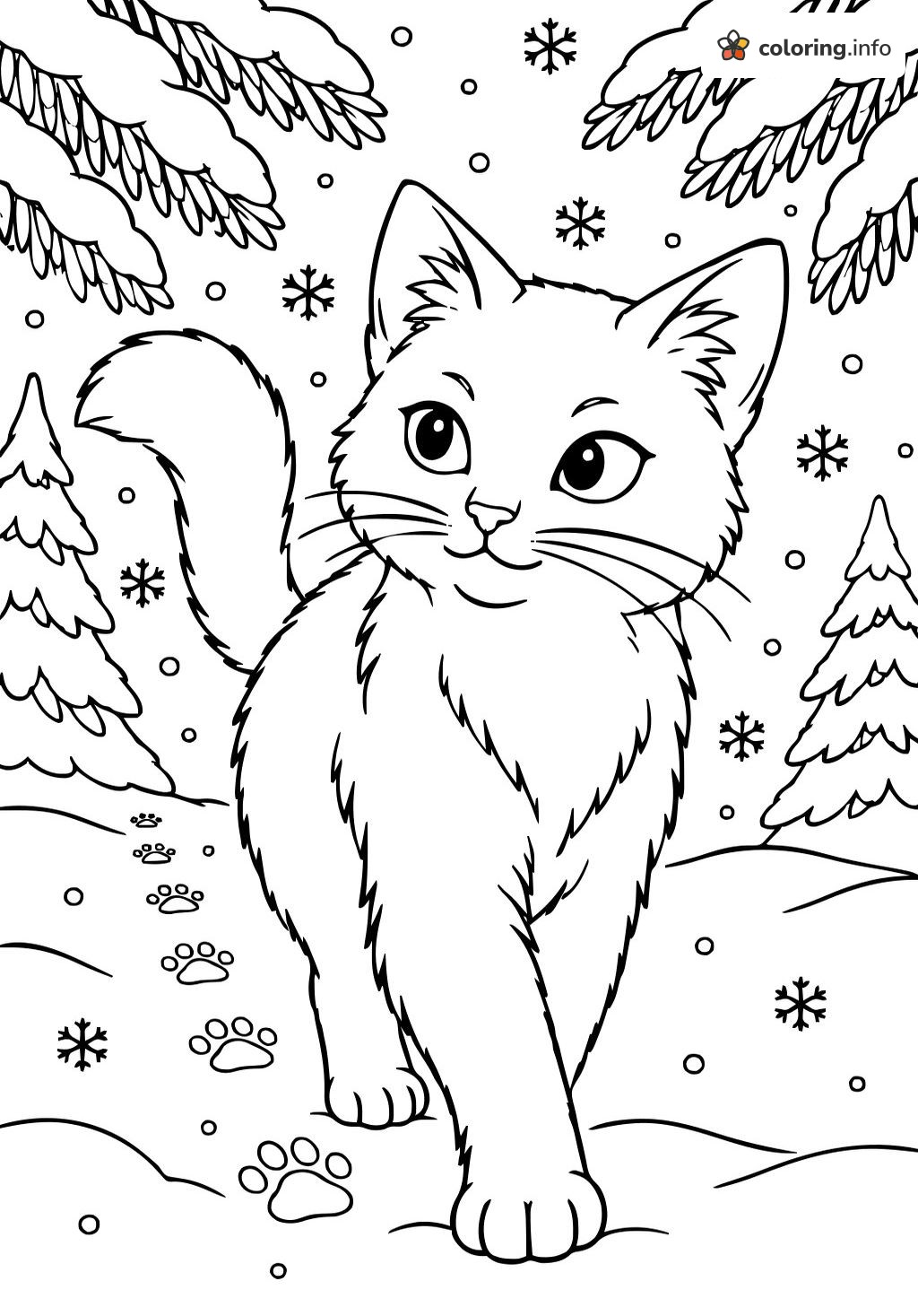 Snowy Pine Forest Walk With a Fluffy Warrior Cat coloring page Snowy Pine Forest Walk With a Fluffy Warrior Cat coloring page