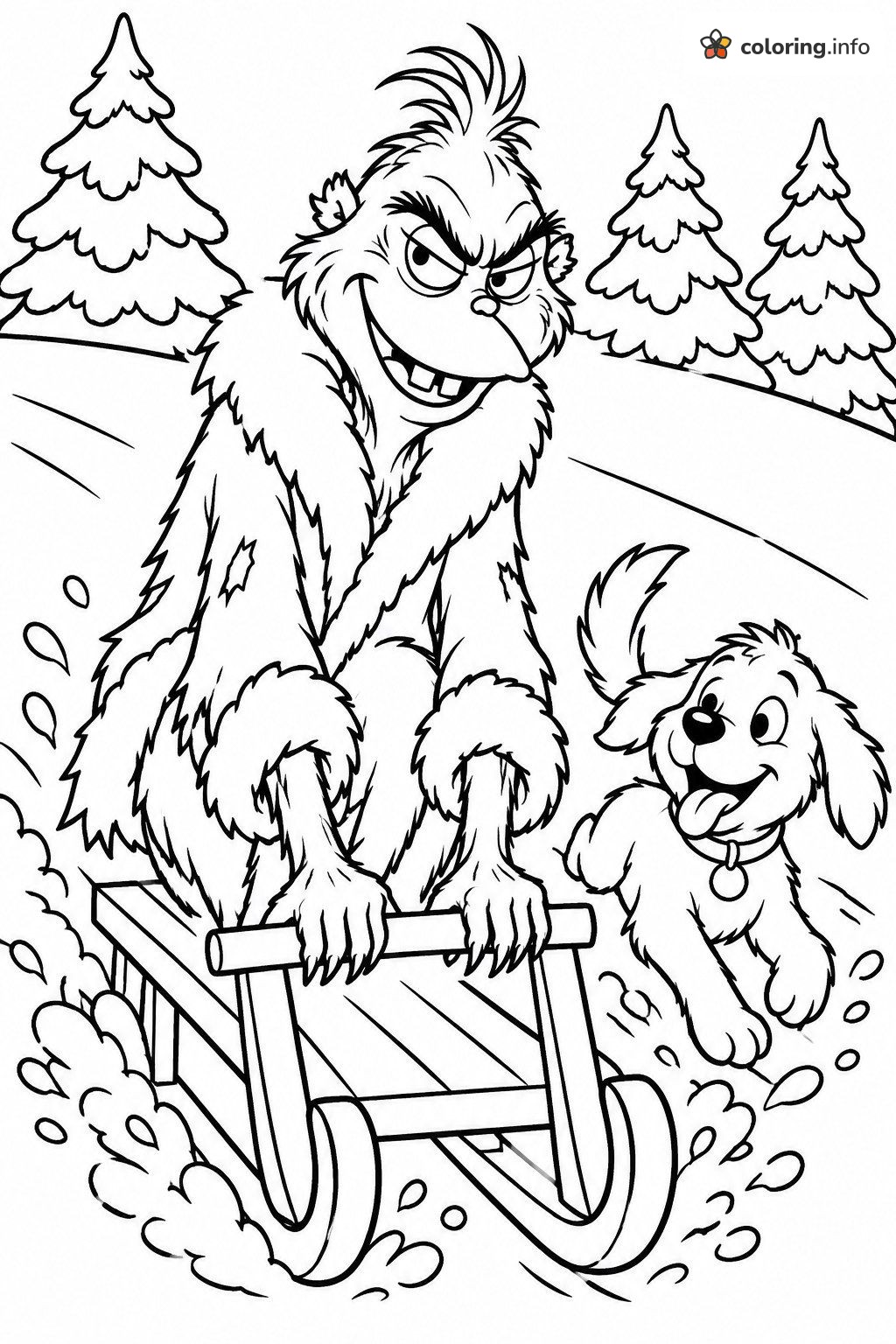 Sledding Fun for a Furry Grinch-Like Creature and Puppy coloring page Sledding Fun for a Furry Grinch-Like Creature and Puppy coloring page