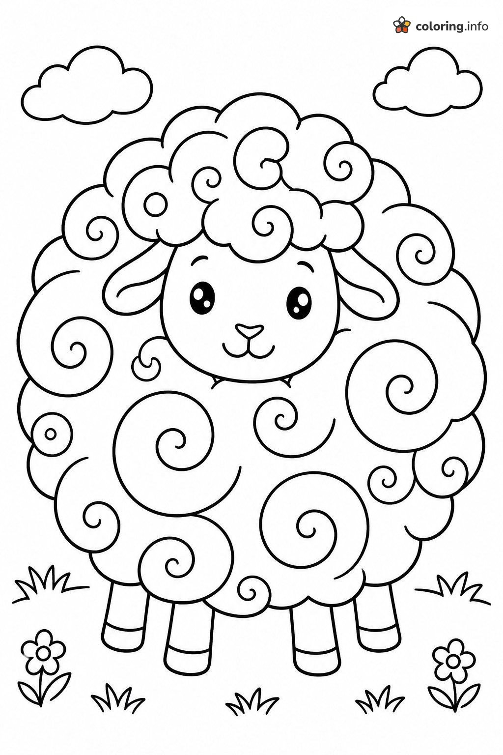 Round Curly Sheep Standing Among Flowers and Clouds coloring page Round Curly Sheep Standing Among Flowers and Clouds coloring page
