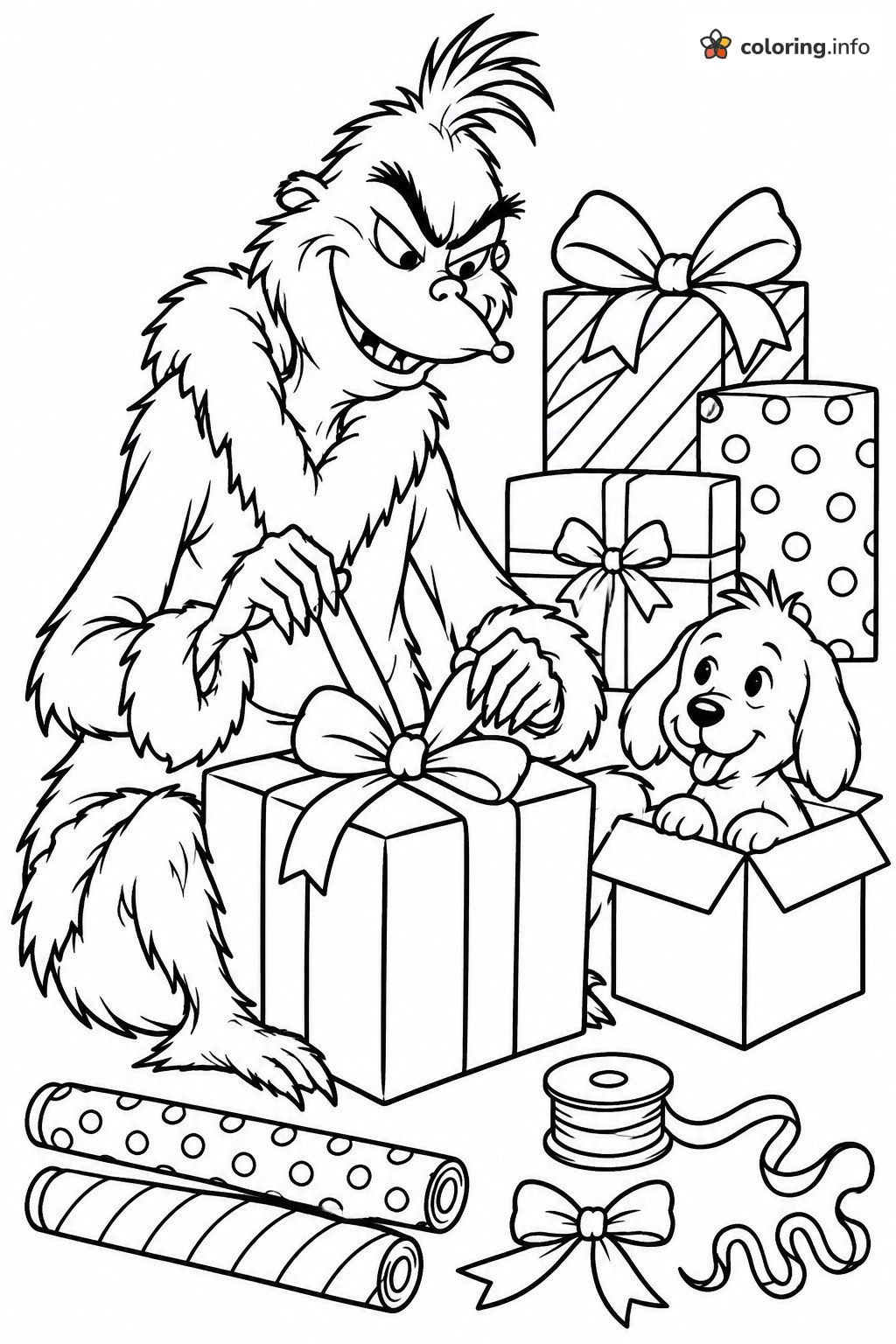 Opening Presents With a Puppy in a Box, The Grinch Coloring Page Opening Presents With a Puppy in a Box, The Grinch Coloring Page