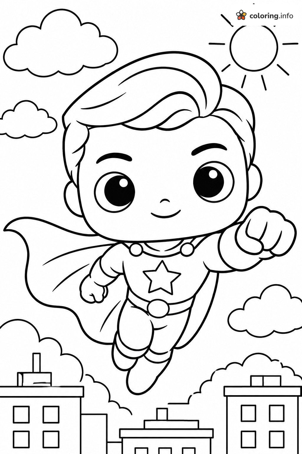 Caped Funko Pop! Superhero Flying Over the City coloring page Caped Funko Pop! Superhero Flying Over the City coloring page
