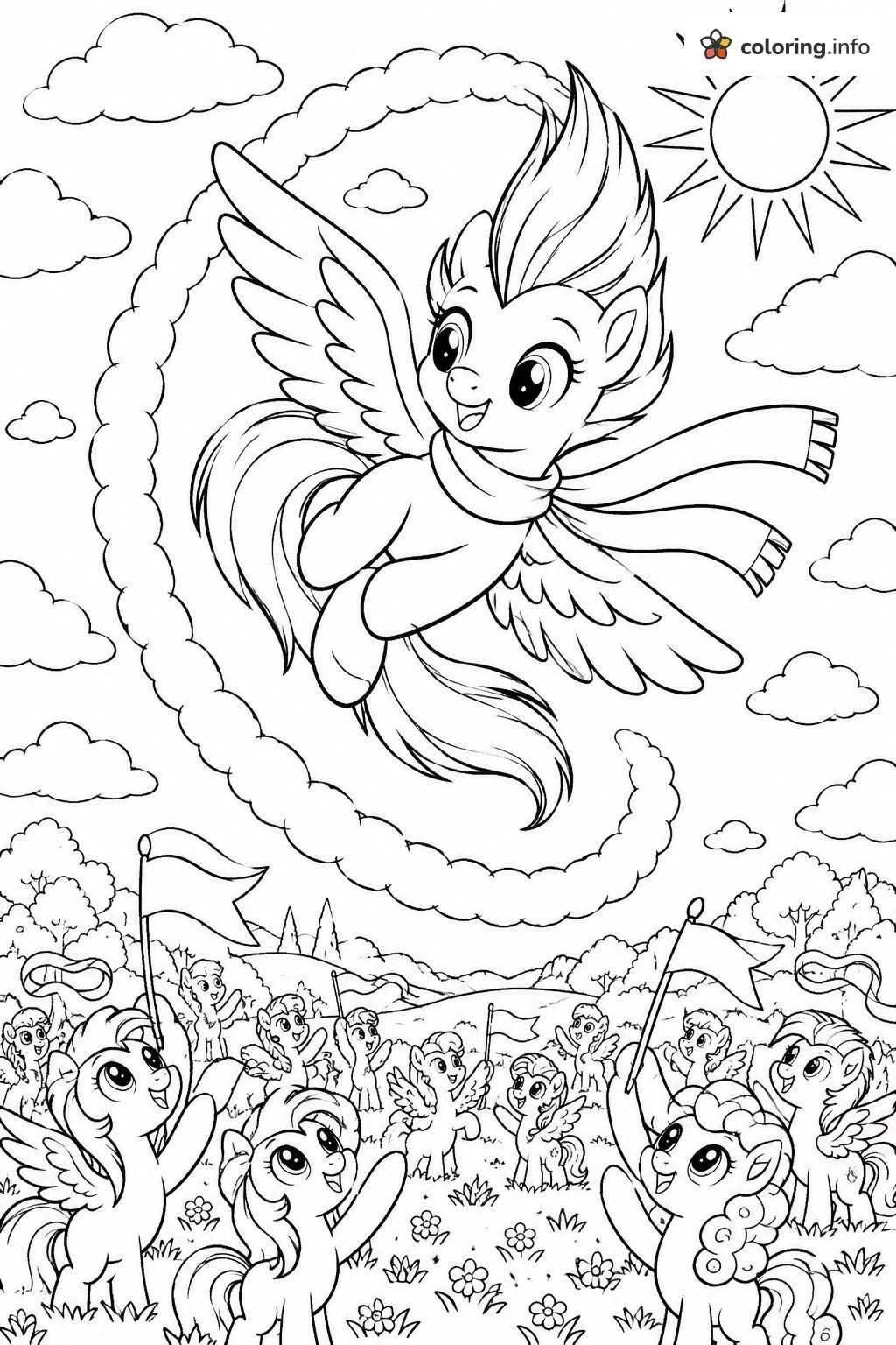 Scarf-Wearing Pegasus Over a Cheering Crowd, Rainbow Dash (MLP) coloring page Scarf-Wearing Pegasus Over a Cheering Crowd, Rainbow Dash (MLP) coloring page