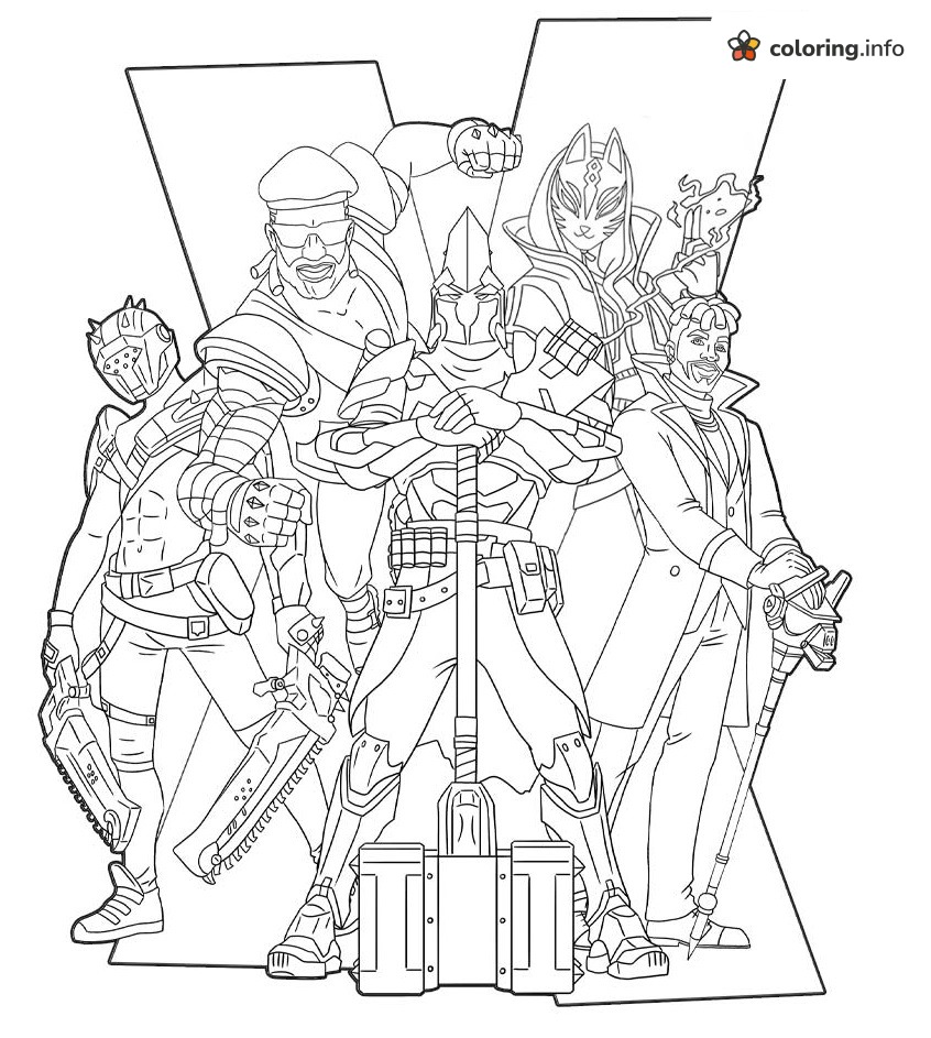 Drift and the Fortnite Hero Squad Before a Giant X coloring page Drift and the Fortnite Hero Squad Before a Giant X coloring page