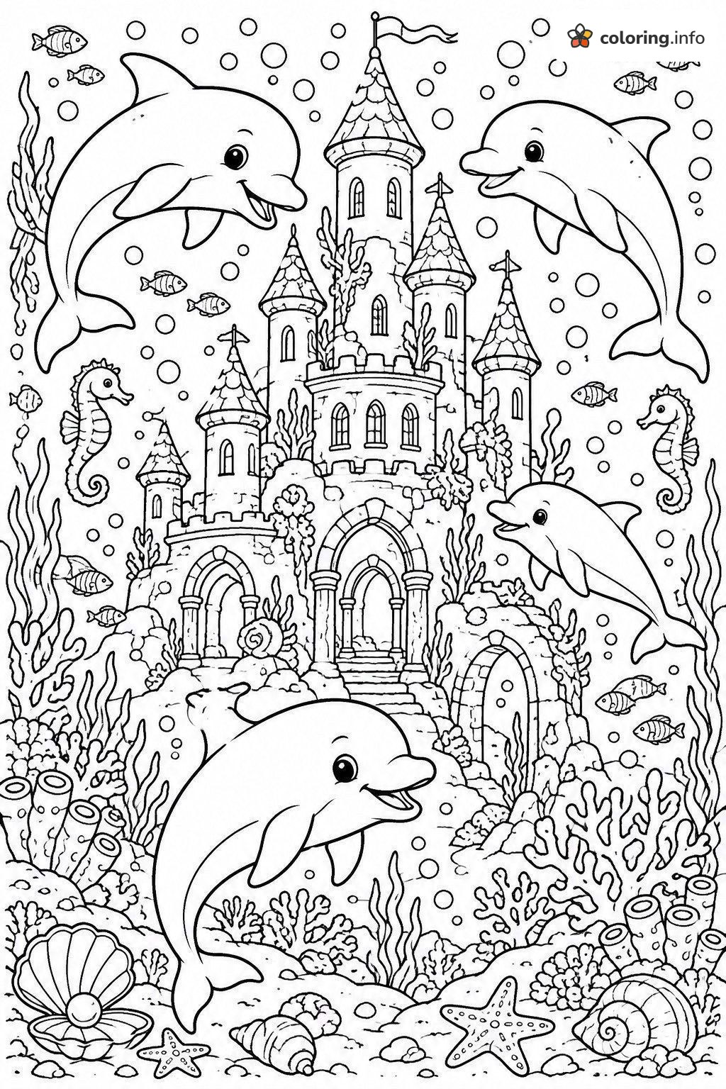 Four Dolphins Circling a Seafloor Castle coloring page Four Dolphins Circling a Seafloor Castle coloring page