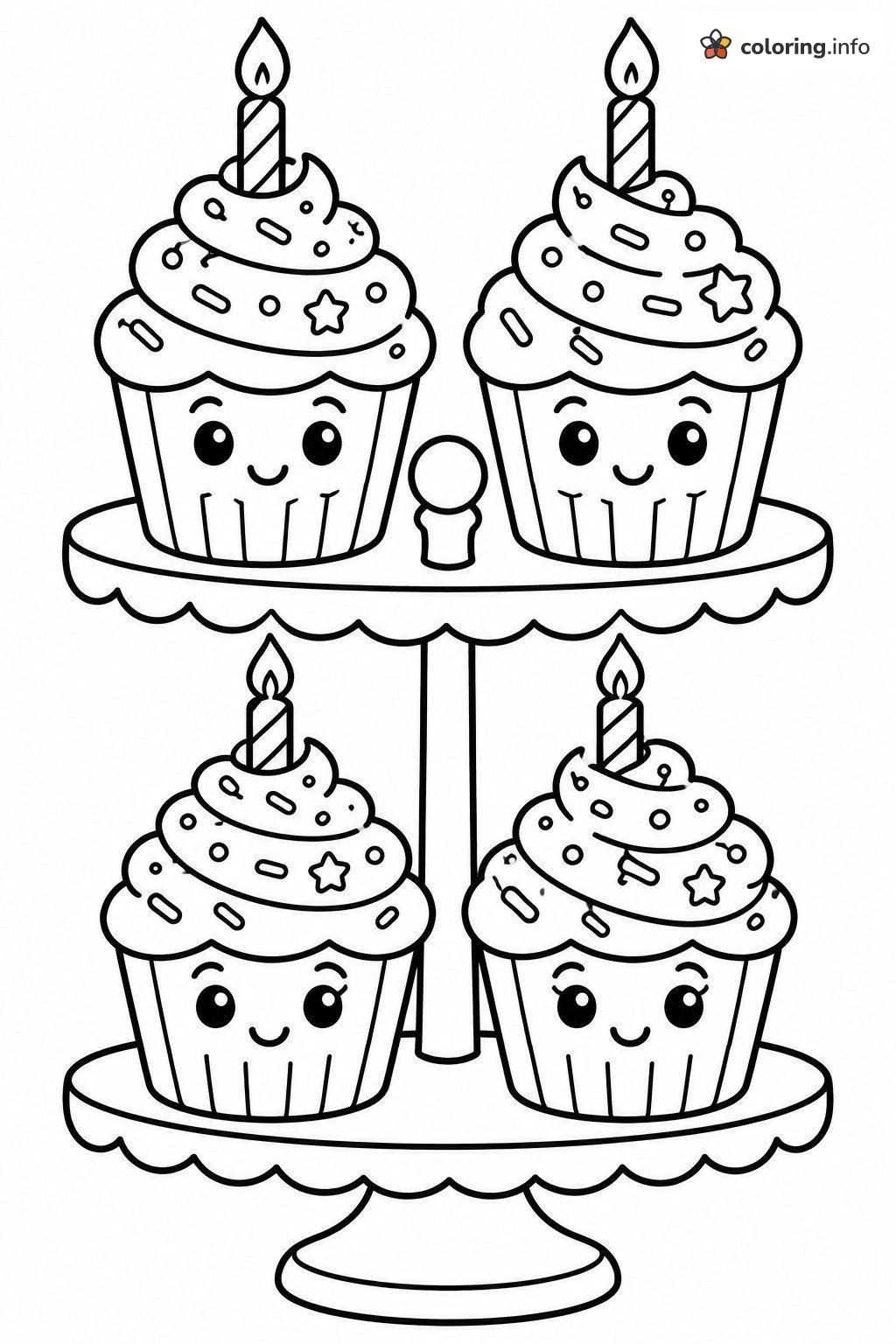 Kawaii Cupcakes on a Stand for Happy Birthday coloring sheet Kawaii Cupcakes on a Stand for Happy Birthday coloring sheet