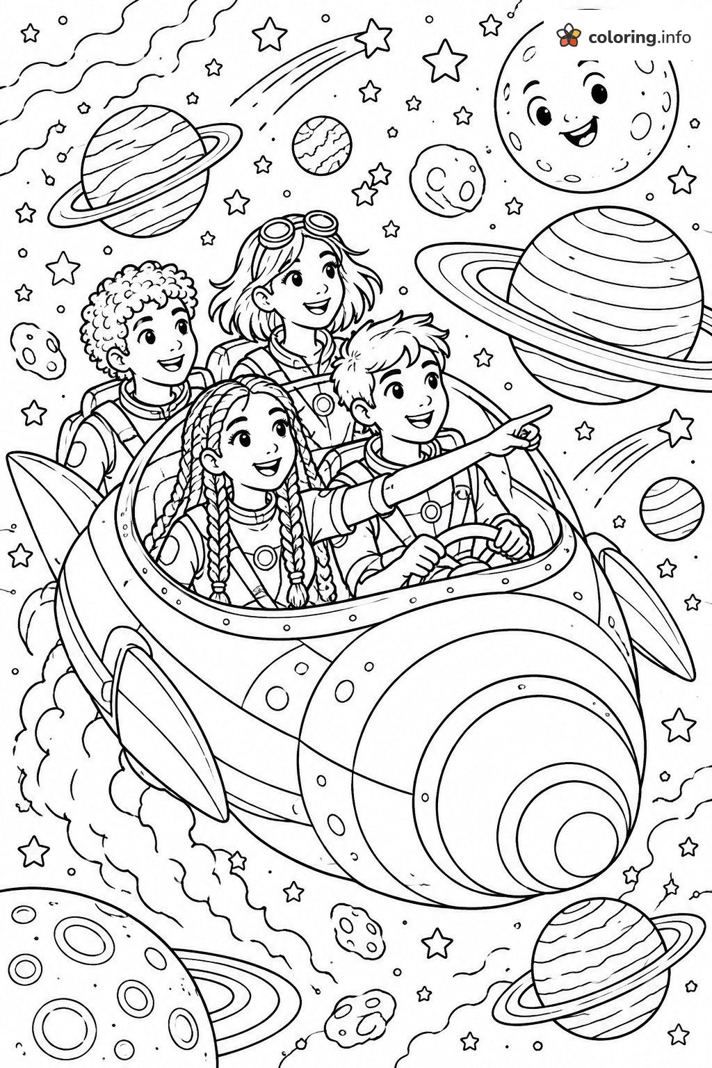 Four Space Explorers Zooming Past Ringed Planets, Teen Titans Go! Printable coloring page Four Space Explorers Zooming Past Ringed Planets, Teen Titans Go! Printable coloring page