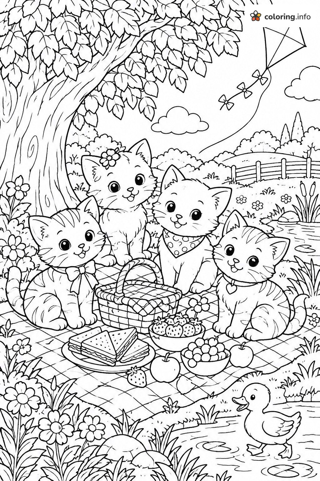 Pond-Side Kitten Picnic Under a Tree (44 Cats) coloring sheet Pond-Side Kitten Picnic Under a Tree (44 Cats) coloring sheet