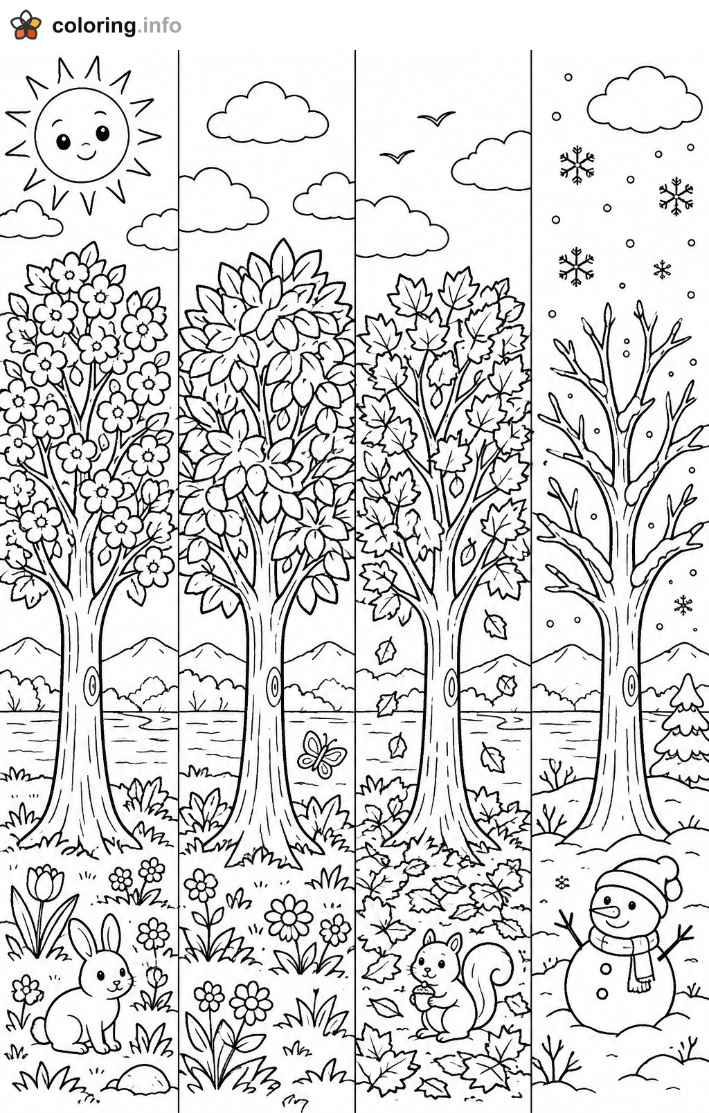 Four Seasons Tree Panels With Animals and Snowman coloring page Four Seasons Tree Panels With Animals and Snowman coloring page