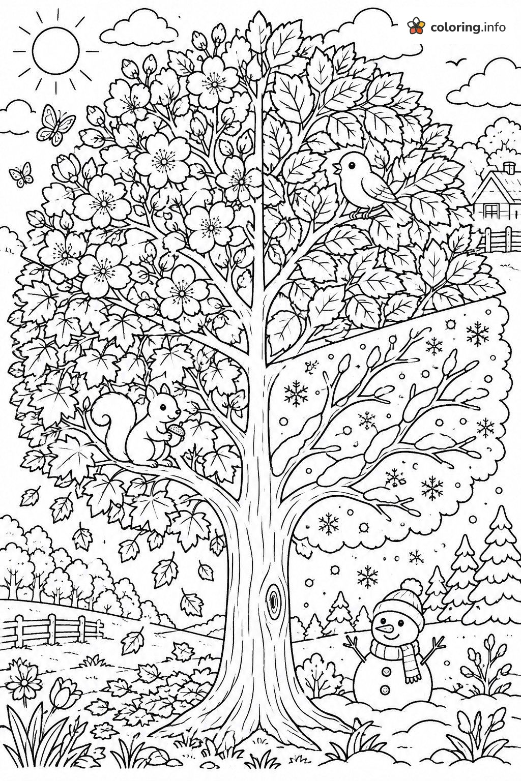 Four Seasons Tree Activity Sheets with Squirrel and Snowman coloring page Four Seasons Tree Activity Sheets with Squirrel and Snowman coloring page