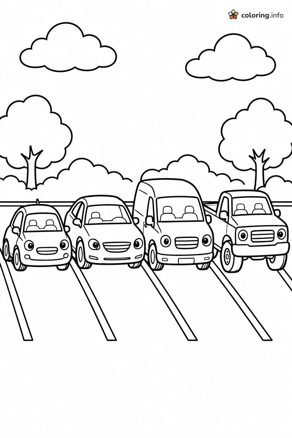 Four Cars Parked Side by Side in a Lot coloring sheet Four Cars Parked Side by Side in a Lot coloring sheet