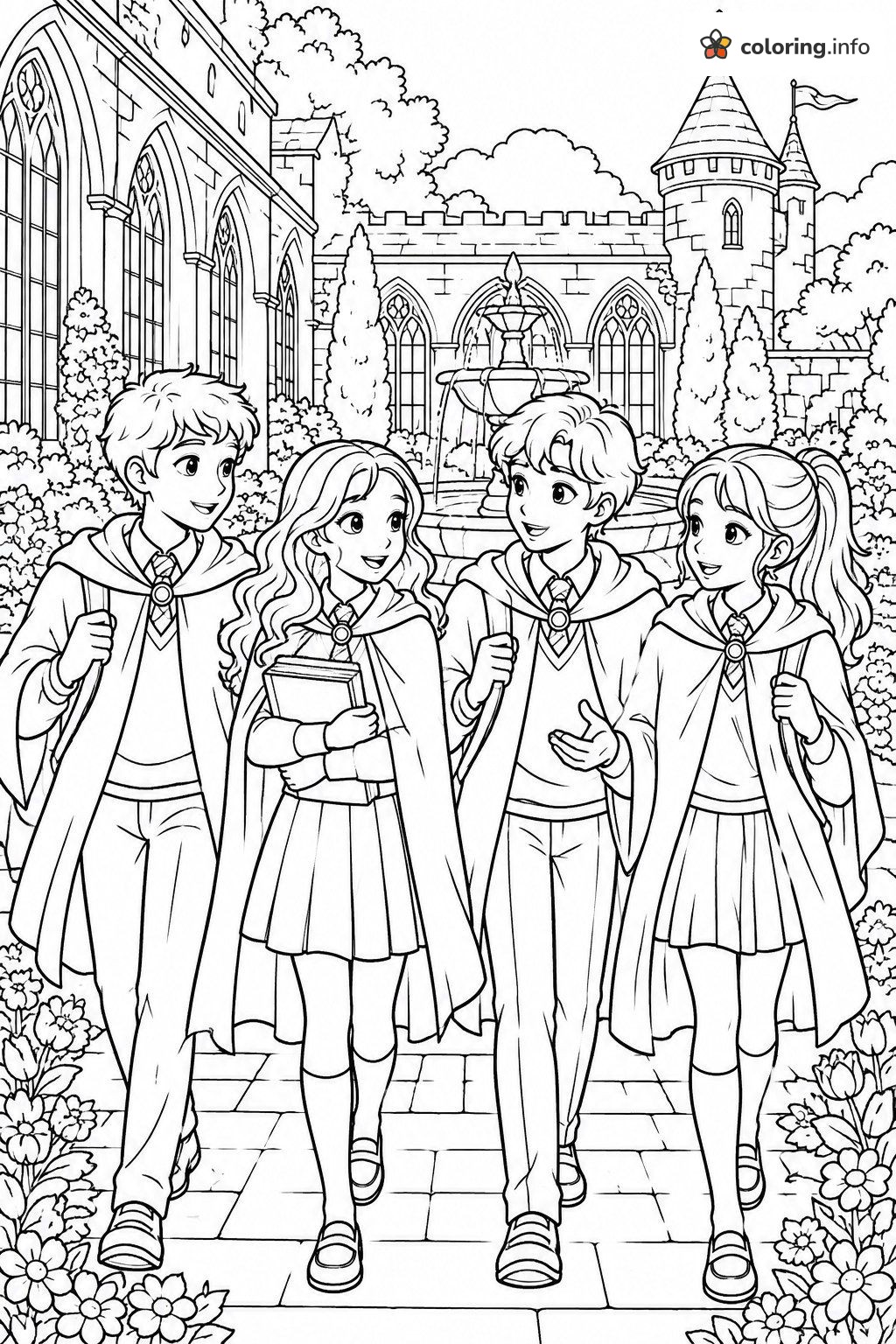 Four Robed Students Strolling a Castle Garden, Descendants coloring page Four Robed Students Strolling a Castle Garden, Descendants coloring page