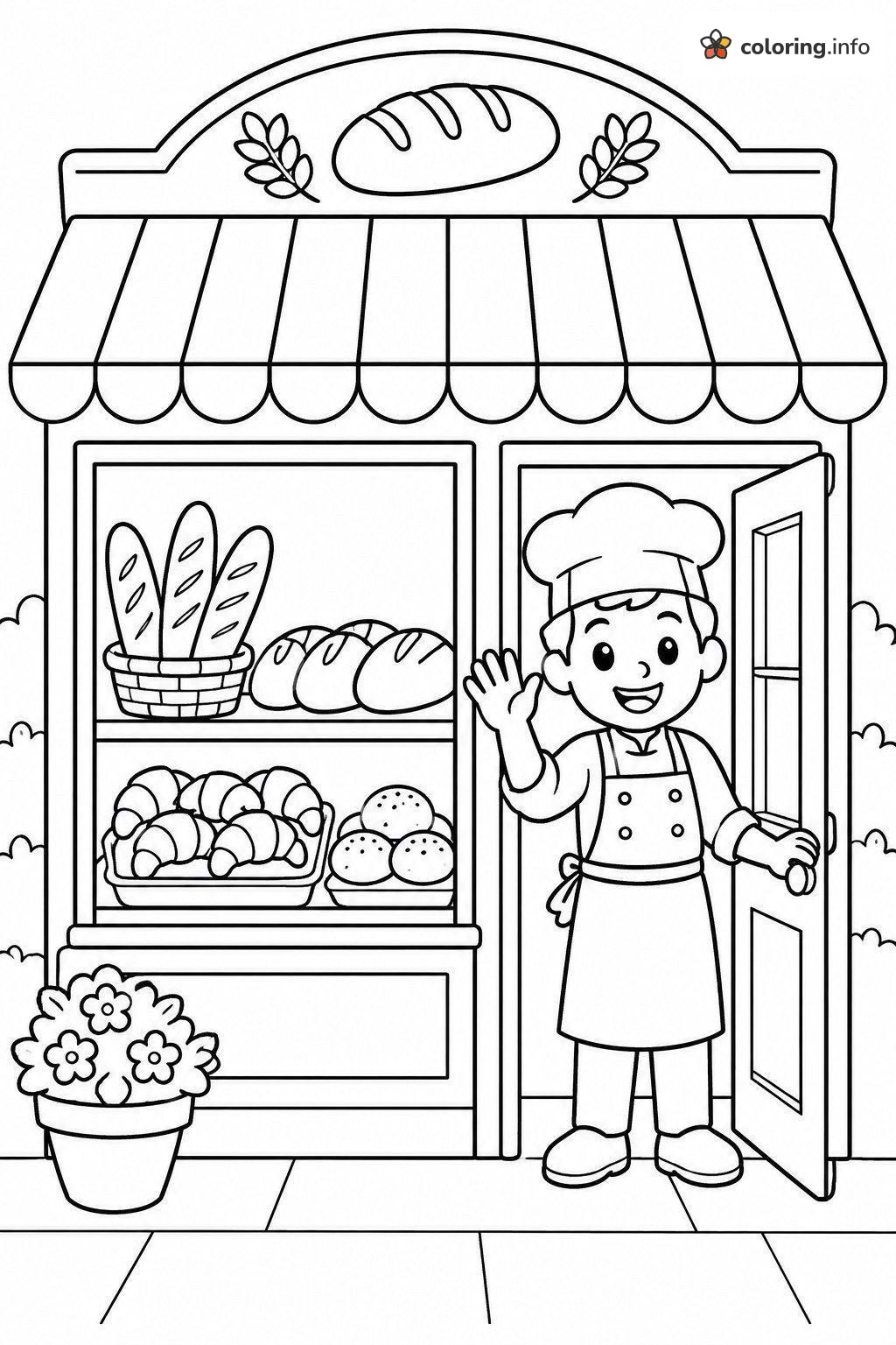 Neighborhood Baker at a City Bakery Door coloring sheet Neighborhood Baker at a City Bakery Door coloring sheet