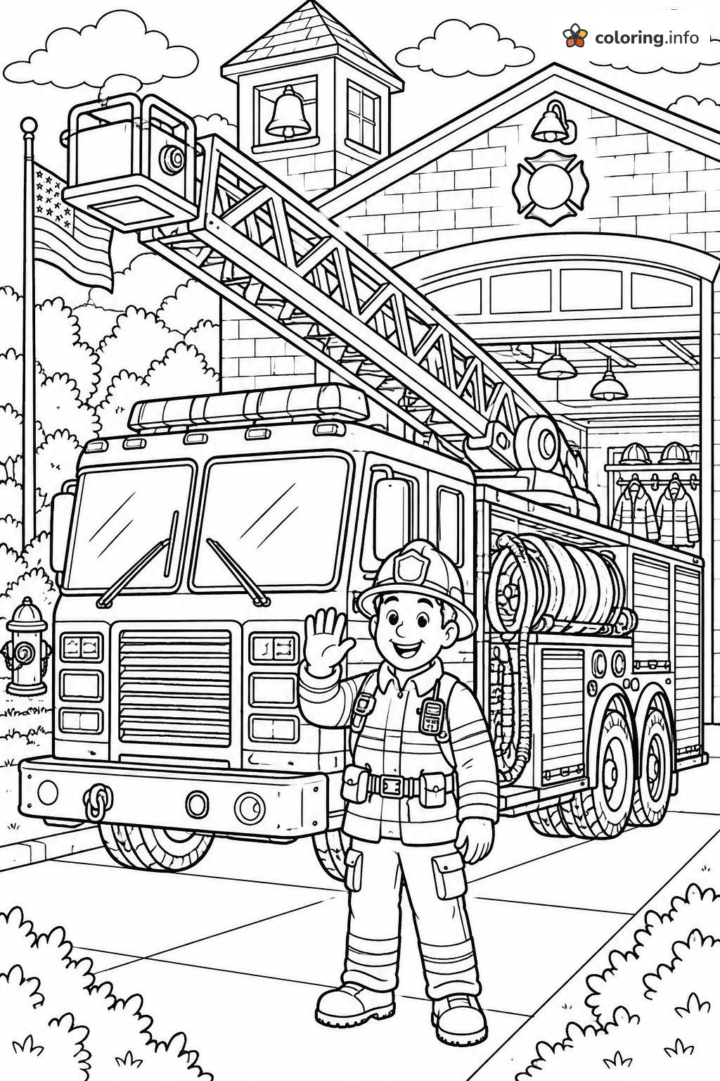 Ladder Fire Truck and a Waving Firefighter at the Station coloring page Ladder Fire Truck and a Waving Firefighter at the Station coloring page