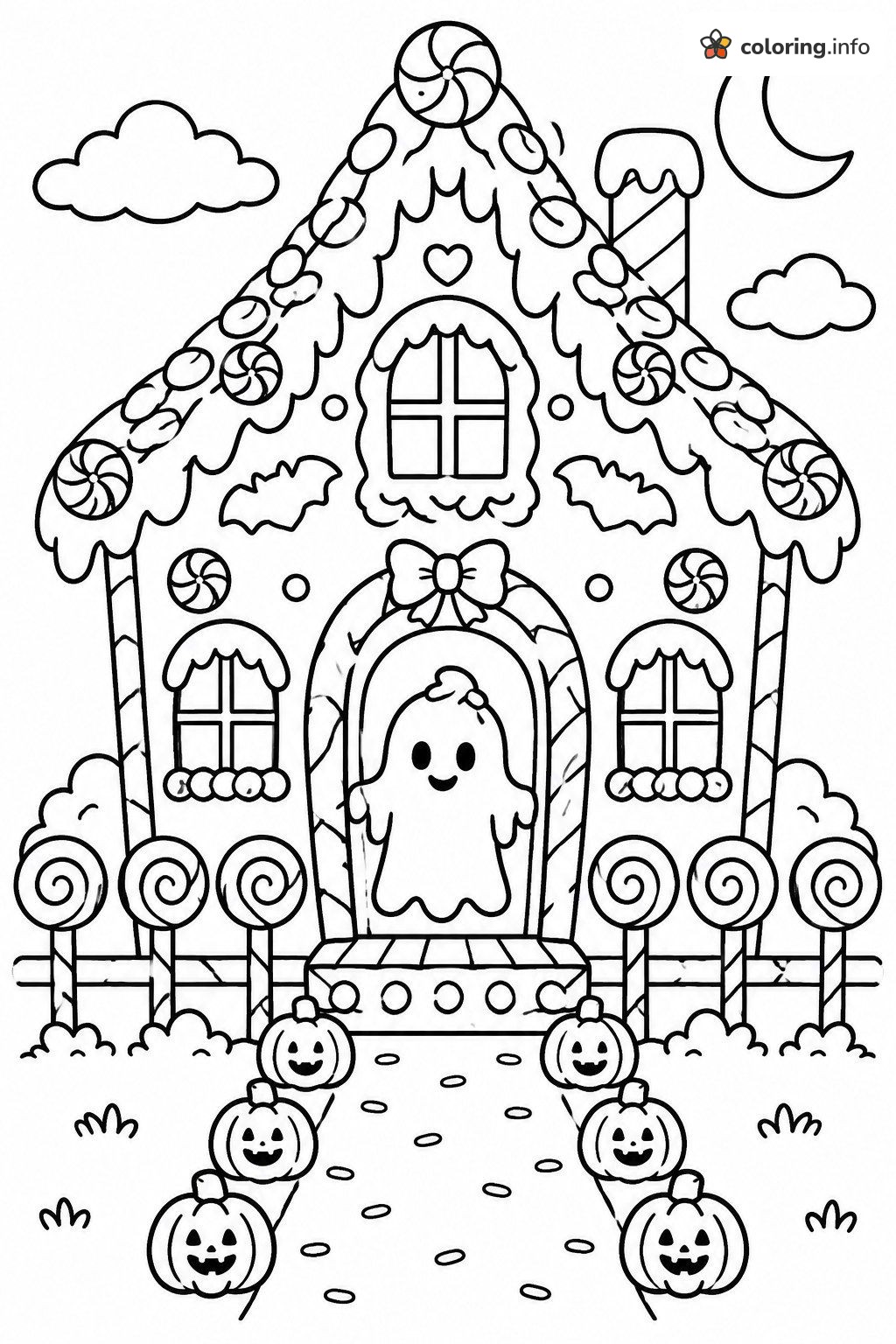 Gingerbread Haunted House with a Ghost at the Door coloring page Gingerbread Haunted House with a Ghost at the Door coloring page