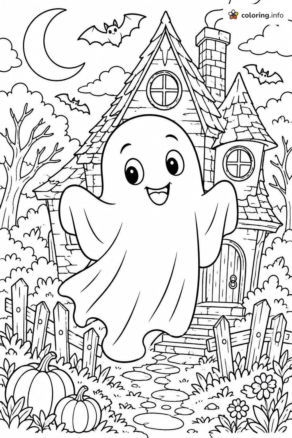 Haunted Stone House with a Floating Ghost coloring page Haunted Stone House with a Floating Ghost coloring page