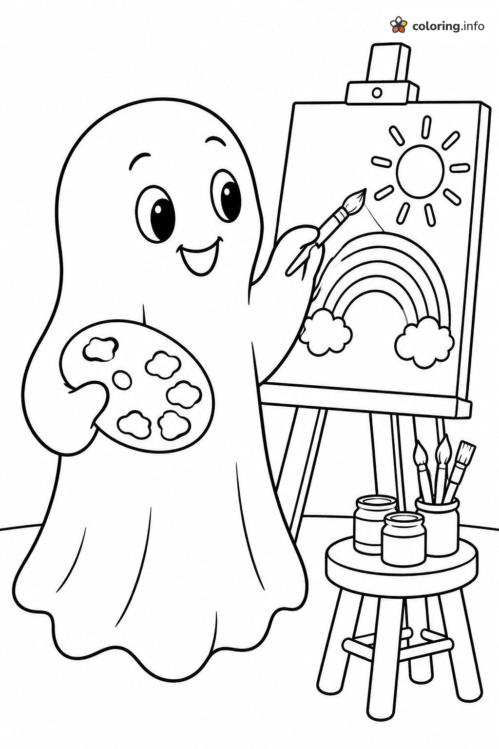 Artist Ghost Painting a Rainbow on an Easel coloring page Artist Ghost Painting a Rainbow on an Easel coloring page