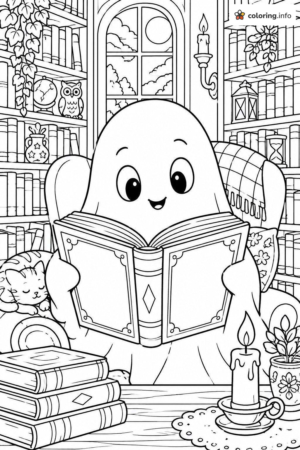 Bookworm Ghost in a Cozy Library coloring page Bookworm Ghost in a Cozy Library coloring page