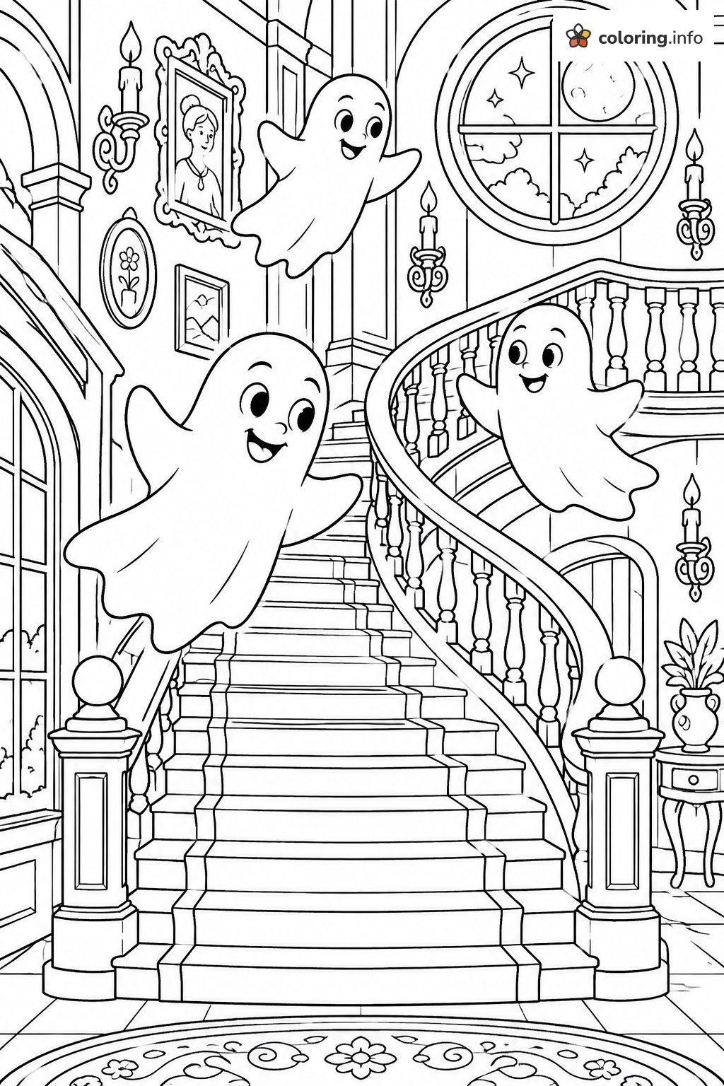 Ghosts Drifting Through a Haunted House Staircase coloring page Ghosts Drifting Through a Haunted House Staircase coloring page
