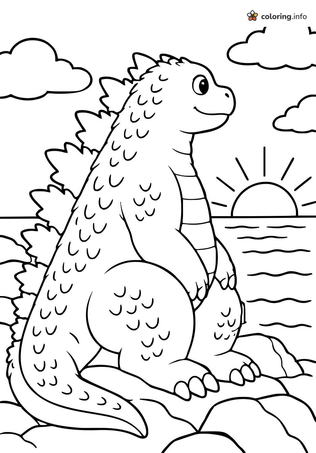 Sunset Watching Godzilla Sitting on Seaside Rocks coloring page Sunset Watching Godzilla Sitting on Seaside Rocks coloring page
