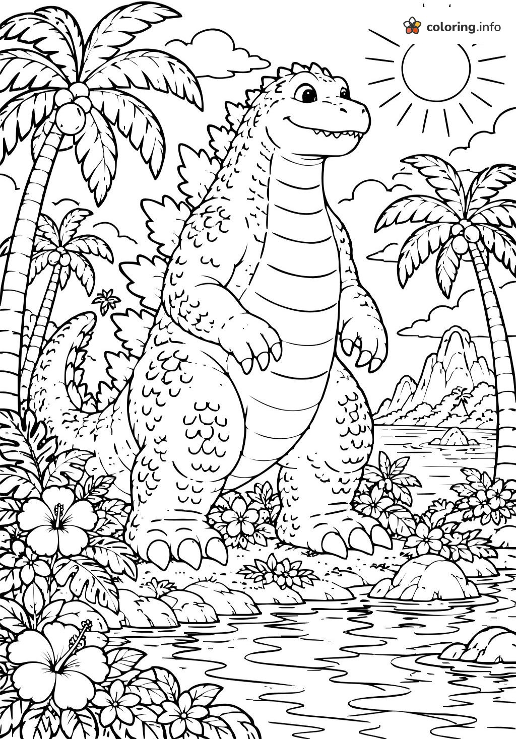 Tropical Lagoon Visit with a Friendly Godzilla coloring page Tropical Lagoon Visit with a Friendly Godzilla coloring page