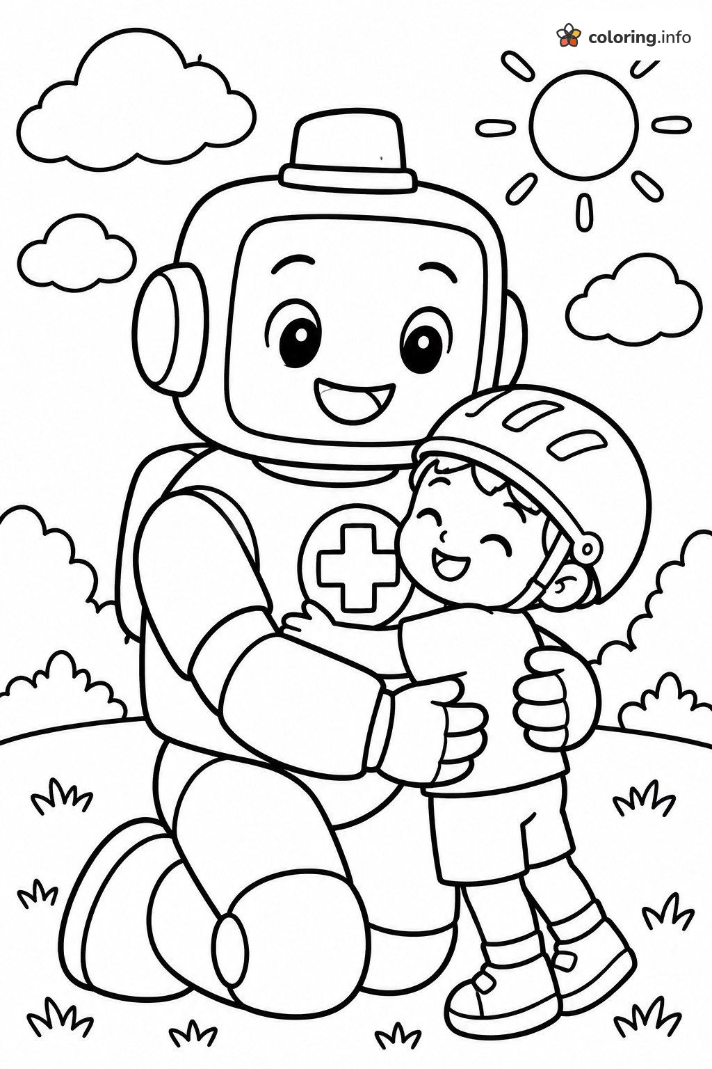 Medic Robot Hug with a Laughing Boy, Rescue Bots (Transformers) coloring page Medic Robot Hug with a Laughing Boy, Rescue Bots (Transformers) coloring page